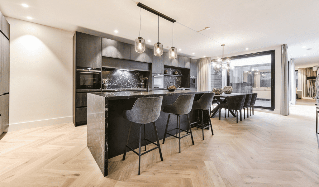Premium Vinyl flooting in interior design. Image of kitchen done with premium vinyl flooring herringbone